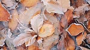 Frost covered closeup autumn leaves beautiful background. Cold weather frozen winter seasonal scene