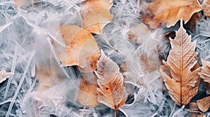 Frost covered closeup autumn leaves beautiful background. Cold weather frozen winter seasonal scene