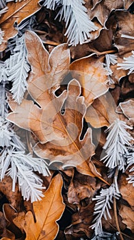Frost covered closeup autumn leaves beautiful background. Cold weather frozen winter seasonal scene