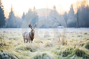 frost-covered elk in a cold morning meadow
