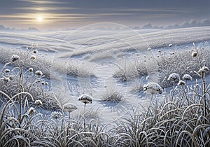 Frost-covered landscape featuring snow-draped rolling hills and
