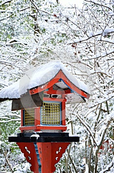 Frost covered lantern, winter in Kyoto Japan