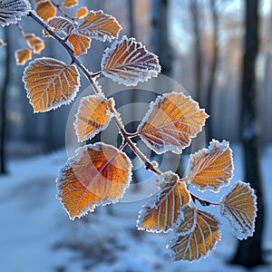 Frost-covered leaves on a brisk winter morning