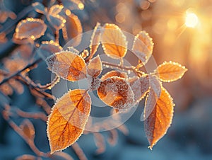 Frost-covered leaves on a brisk winter morning