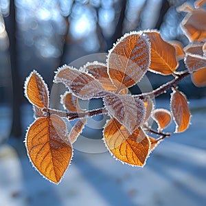 Frost-covered leaves on a brisk winter morning