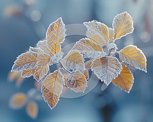 Frost-covered leaves on a brisk winter morning