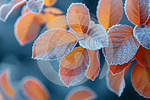 Frost-covered leaves on a brisk winter morning photo