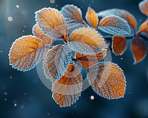 Frost-covered leaves on a brisk winter morning photo