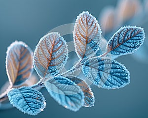 Frost-covered leaves on a brisk winter morning photo