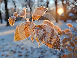 Frost-covered leaves on a brisk winter morning photo