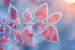 Frost-covered leaves on a brisk winter morning photo