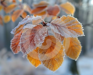 Frost-covered leaves on a brisk winter morning photo