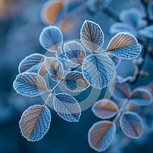 Frost-covered leaves on a brisk winter morning photo