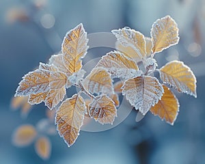 Frost-covered leaves on a brisk winter morning photo