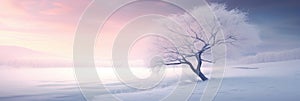 Frost covered lonely tree in the snowy field. Beautiful winter landscape.