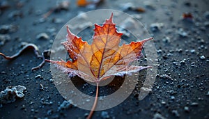 Frost-covered orange maple leaf on dark surface