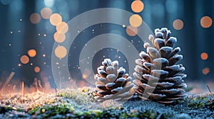 Frost-Covered Pine Cones in a Winter Forest