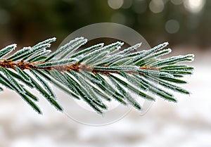 Frost-covered pine tree branch
