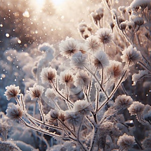 Frost covered plants sparkle in the cold winter air