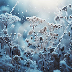 Frost covered plants sparkle in the cold winter air