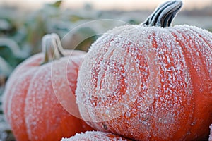 A Frost-Covered Pumpkin in a Field
