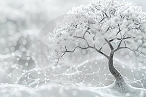 Frost-covered tree against a network of abstract connections in a winter setting. photo