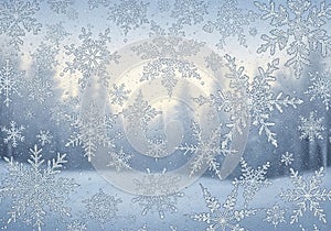 Frost-covered window displaying intricate snowflake patterns