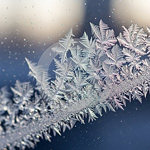 Frost crystals form on a smooth glass surface showcasing delicate fern