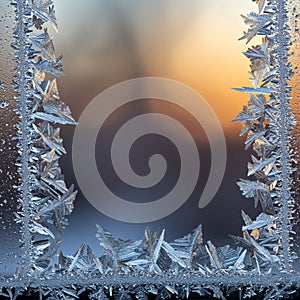 Frost forms intricate patterns on a window, creating a natural frame around a blurred