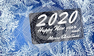 2020 Frost glass pattern. Winter frame on transparent background. Vector 2020 christmas illustration. Vector transparent blue