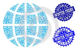 Frost Global Map of World and Winter Fresh and Frost Grunge Stamps