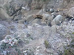 Frost on the grass and rocks. Very cold. La Cumbrecita, Cordoba. Argentina