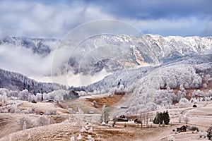 Frost land in the Carpathian Mountain and Transylvania village