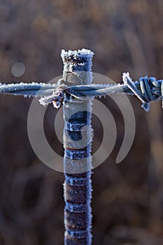 Frost on a metal fencepost