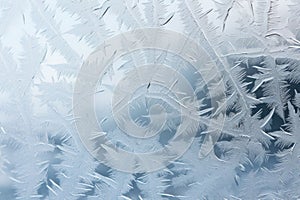 A frost pattern on a windowpane. Ice crystals or cold winter background. Generative AI