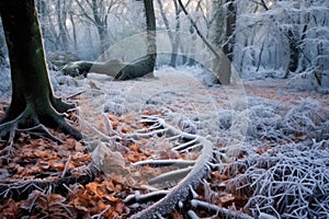 frost patterns on fallen leaves on forest ground