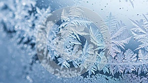 Frost patterns resembling fern-like structures are formed on a windowpan