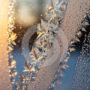 Frost patterns on a window, illuminated