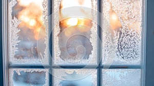 Frost patterns on windowpanes with a blurred sunset in the background