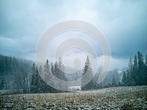 Frost, snow and fog, winter mountain landscape