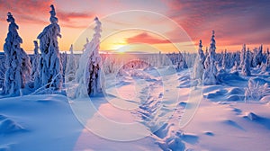 Frost tree with beautiful sky in sunset on winter