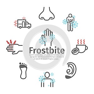 Frostbite banner. Symptoms, Line icons set. Vector signs for web graphics.