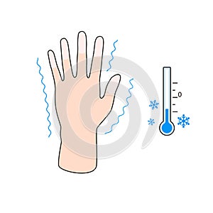 Frostbite. Hand with frostbite symptoms. effect of cold on human fingers. Vector illustration