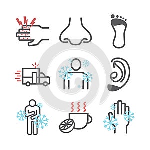 Frostbite. Symptoms, Line icons set. Vector signs for web graphics.