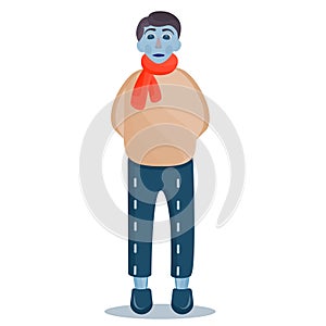 Frostbitten man frozen with turns on his pants isolated on a white background. Frostbite in the cold season. Vector illustration