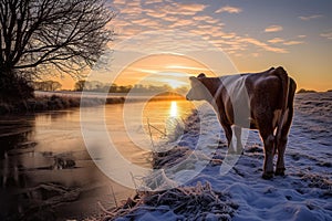 frostcovered cow standing next to an icy pond at sunrise