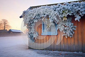 frostcovered ivy on a cottage wall during winter dawn