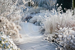 frostcovered path with a fuzzy winter garden scene