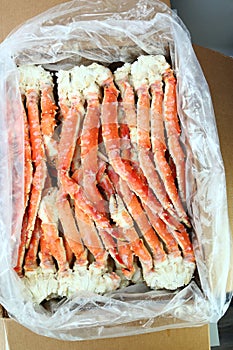 frosted Alaska king crab closeup photo on white table background