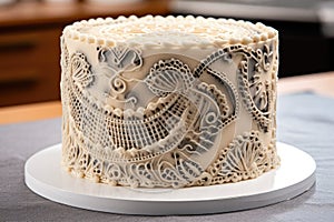 frosted cake with intricate patterns and designs piped on top